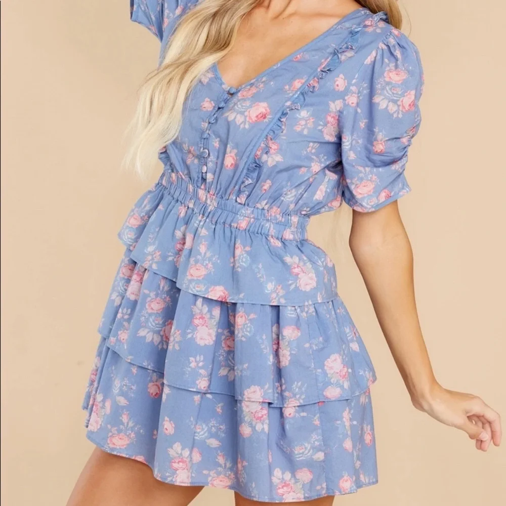Loveshackfancy Roth Floral Tiered Ruffle Cotton Dress In Faded Denim Size M